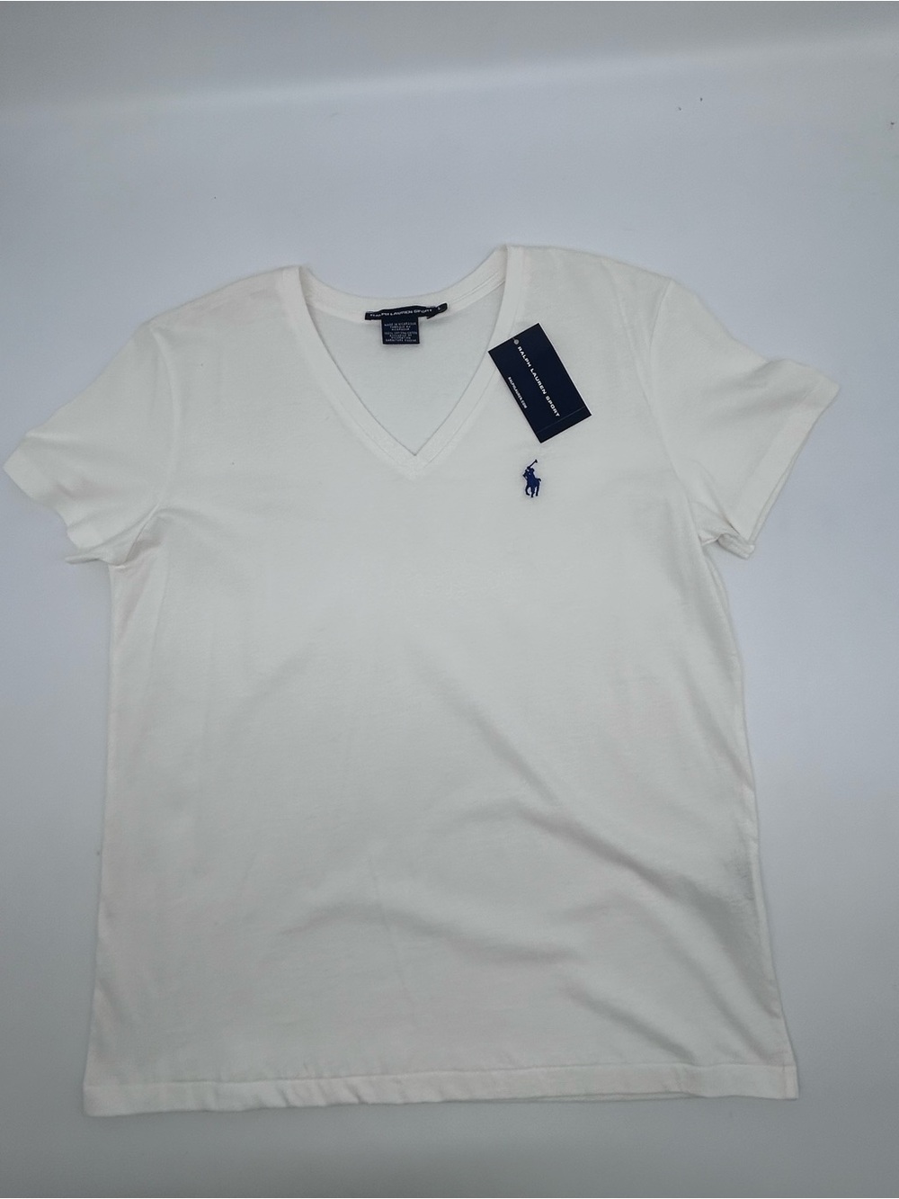 Ralph Lauren Women’s White V-Neck Logo Cotton Tee size Large